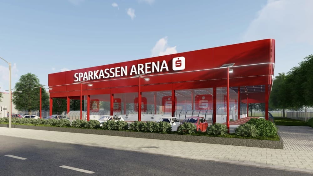 Sparkassen Arena in Koblenz-Metternich, rot verkleidete Multisportanlage