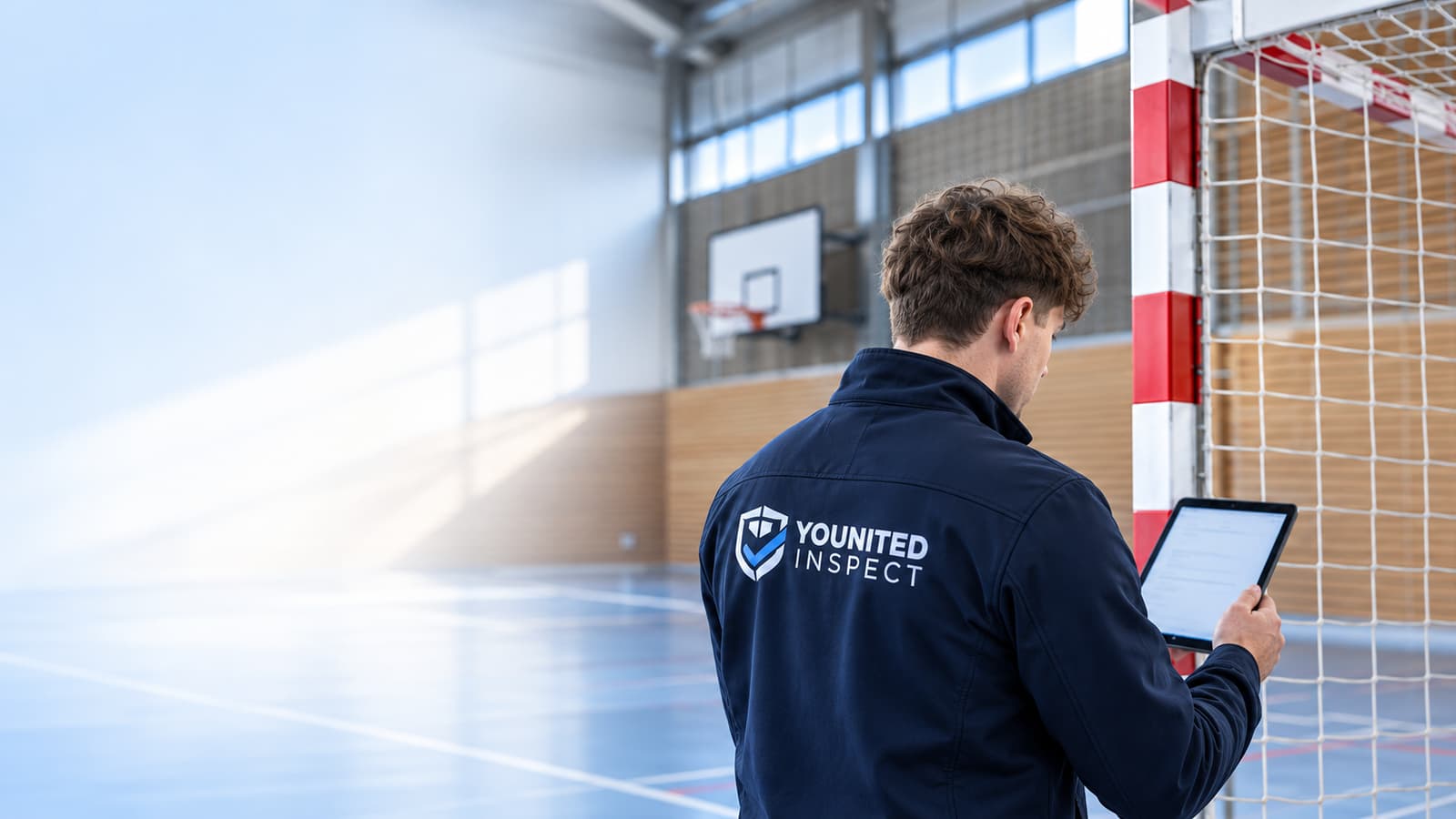 Prüfer der YOUNITED-INSPECT kontrolliert mit einem Tablet ein Handballtor in einer Sporthalle