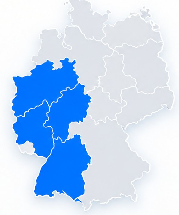 Karte von Deutschland mit hervorgehobenen Bundesländern Rheinland-Pfalz, Nordrhein-Westfalen, Hessen und Baden-Württemberg