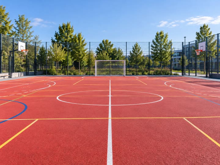 Multisportanlage mit rotem Belag, Tor und Basketballkörben