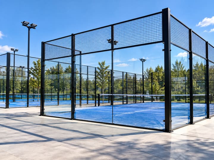 Padelcourt mit Glaswänden und Gitterelementen