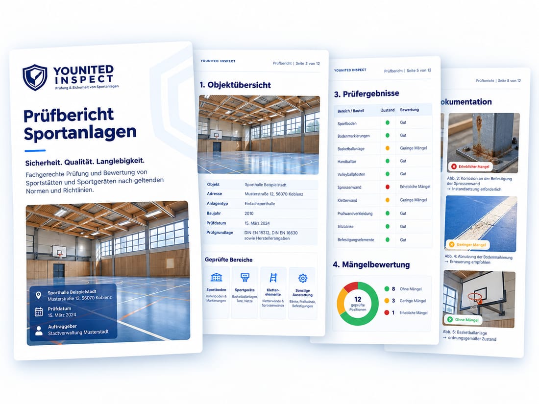 Beispiel-Prüfbericht mit Titelseite, Objektübersicht, Prüfergebnissen und Fotodokumentation
