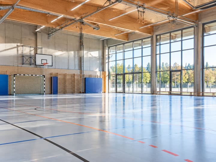 Sporthalle mit Handballtor, Basketballkorb und Sprossenwand